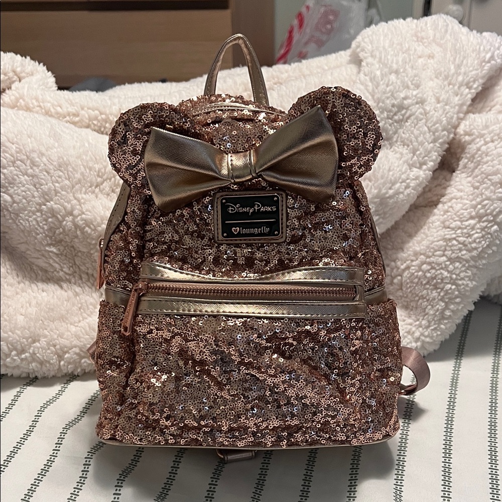 Disney Parks Loungefly Minnie Rose Gold Sequin Mini Backpack rosegold